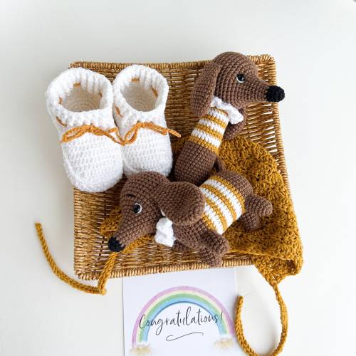 Dog baby toy set for puppy shower, Dachshund puppy stuffed dog baby gift set, Pregnancy gift box parents to be congrats present