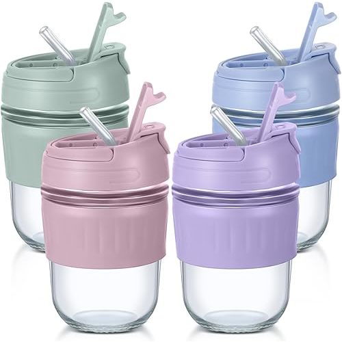 Yaomiao 4 Pieces Kids Toddler Cups, 12 oz Toddler Glass Cups with Silicone Sleeves and Plastic Straws Spill Proof Glass Sippy Cup with Stoppers for Toddlers Baby Food Storage Smoothie, 4 Colors