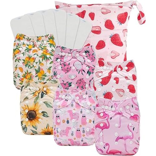 Babygoal Baby Cloth Diaper 6 Pack with 6pcs Inserts and Wet Bag for Fitted Diapers and Prefolds, Adjustable and Reusable Covers for Toddler Boys and Girls