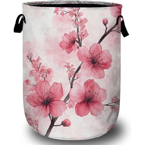 Pink Cherry Blossom Laundry Basket, Spring Flower Laundry Hamper Tote Bag Dirty Clothes Storage Bucket Toy Organizer for Bathroom/Laundry/Bedroom 15.7"x19.6"