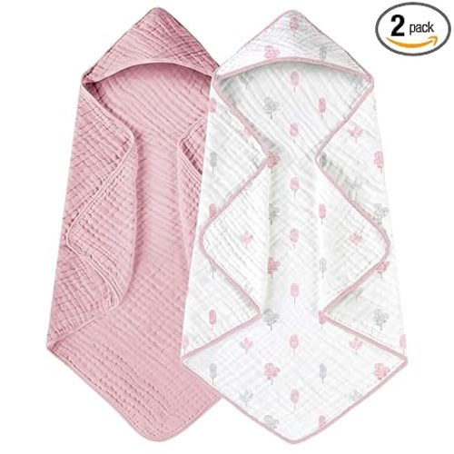 Yoofoss Hooded Baby Towels for Newborn 2 Pack 100% Muslin Organic Cotton Baby Bath Towel with Hood for Babies, Infant, Toddler and Kids, 32x32Inch, Soft and Absorbent Newborn Essential,Pink&Wh Leaf