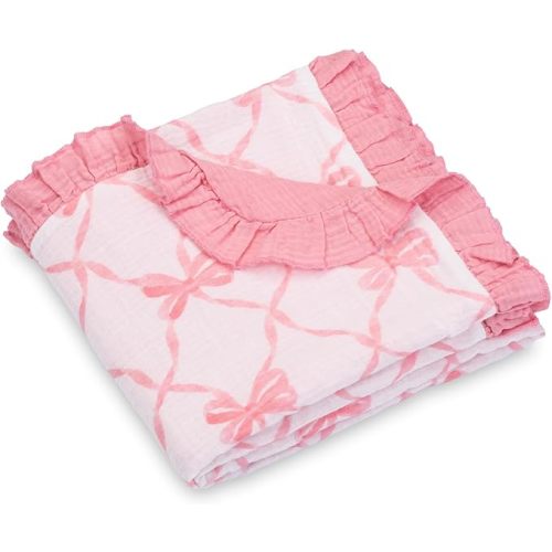 LollyBanks Baby Blanket for Girls, 100% Organic Cotton Muslin Baby Blankets, Soft and Breathable 40 x 36 Inches Crib Blankets for Newborn, Lightweight Toddler Muslin Quilt, Registry (Pink Bow Print)