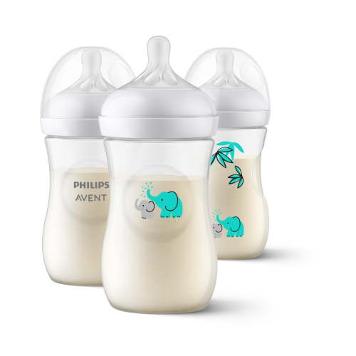 Philips Avent Natural Baby Bottle with Natural Response Nipple, Elephant, 1m+, 9oz, Blue, 3pk, SCY903/69