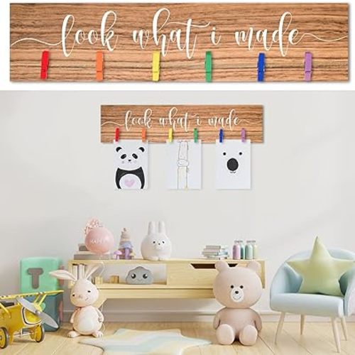 Sawysine Look What I Made Sign with Clips Artwork Display Signs for Wall Hanging Artwork Frames Changeable Art Display Frame Wood Playroom Sign Nursery Wall Decor(Brown)