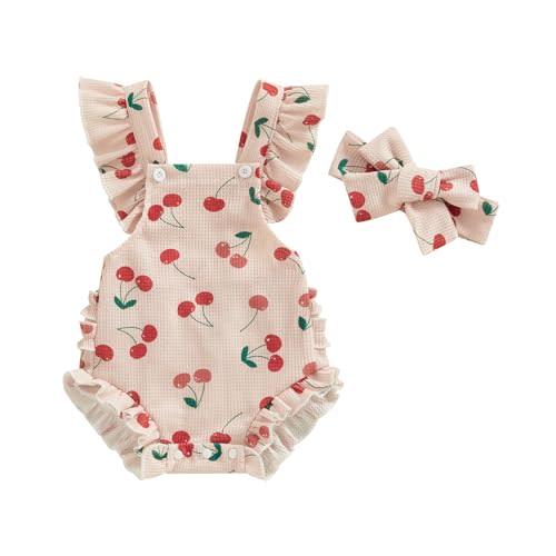 Covvoliy ​Infant Baby Girl Summer Clothes Outfits Cute Print Fly Sleeve Romper Jumpsuit Bodysuit with Headband