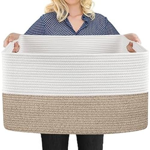 Extra Large Cotton Rope Basket, 23.6" x 15.7" x 14.1" Rectangle Blanket Basket Living Room, Wicker Woven Throw Blanket Pillow Storage Basket, Soft Kids Dog Toy Basket Storage Bins Organizer