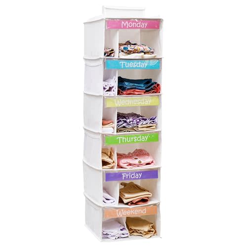 Houseables Kids Clothes Organizer, Weekly Clothes Organizer for Kids, Outfit Organizers, Closet Daily Outfit Storage, Monday through Friday Clothing, Day of the Week, Weekday, School, Hanging, 6 Shelf