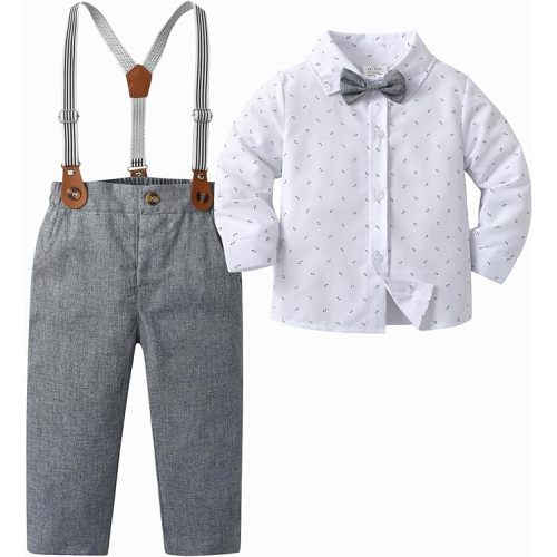 Baby Boys Pants Sets, Infant Long Sleeve Shirt + Pants + Bow Tie + Suspenders,Toddler Gentleman Outfits
