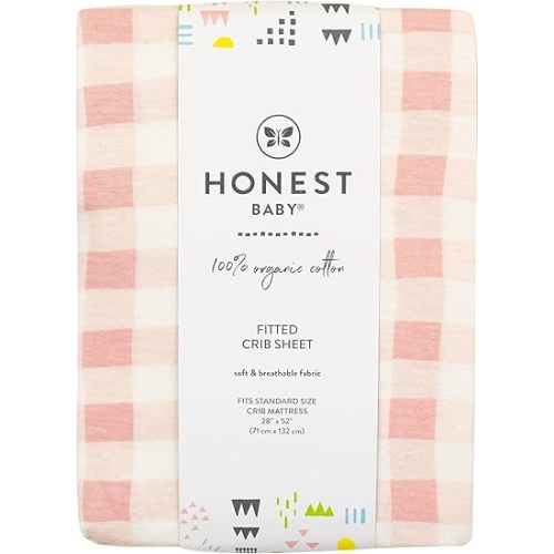 HonestBaby Fitted Crib Sheets Fits Standard Mattress Bassinet, Mini Prints 100% Organic Cotton Baby Boys, Girls, Unisex, Peach Skin Painted Buffalo Check, One Size