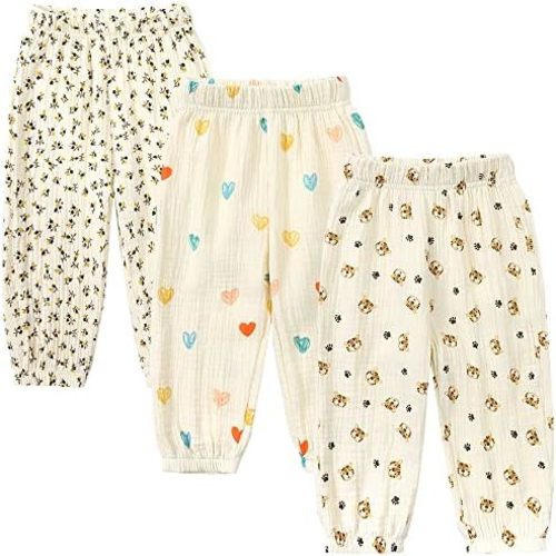 GFQLONG Toddler Baby Girls 3 Pack Elastic Waist Pants Soft Cotton Linen Harem Bloomers Summer Fall Long Pants
