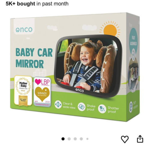 Onco Baby Car Mirror Rear Facing - Double Award-Winning Convex Car Mirror for Baby, 100% Shatterproof & Shakeproof with 360° Rotation, Newborn Essentials (9.6 x 6.9 in)