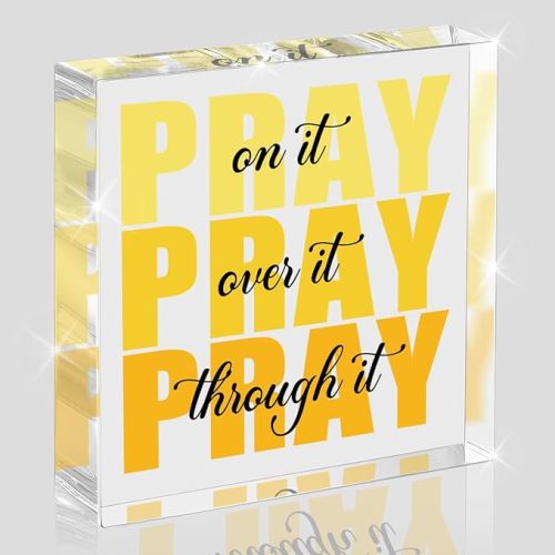 Yellow Room Decor, Inspirational Christian Gifts for Women, Yellow Dorm Bathroom Room Decoration, Office Decor for Women, Acrylic Office Desk Accessories Decoration Wall Art Sign-Pray through it