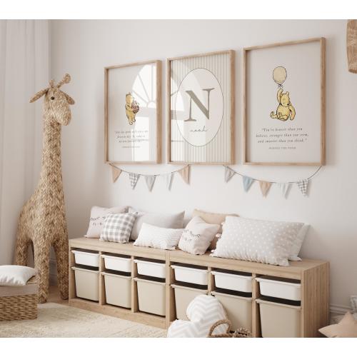Set of 3 Classic Winnie the Pooh Personalized Name Print, Pooh Bear Nursery Wall Art, Kid&#39;s Room Decor, Baby Shower Gift, Baby Boy Girl Room