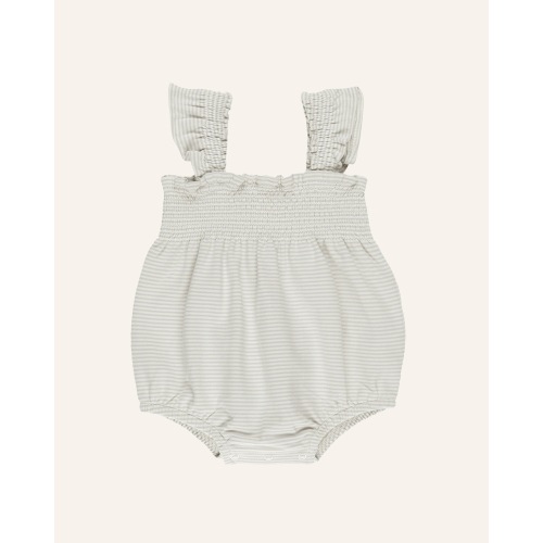 SMOCKED RUFFLE SLEEVE ROMPER - 6-12m / sky micro stripe