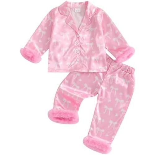 MAINESAKA Toddler Baby Girl Satin Pajamas Set Feather Trim Long Sleeve Button Down Tops Long Pants 2Pcs Pjs Sleepwear Outfits