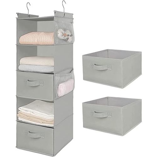 MAX Houser 5 Tier Shelf Hanging Closet Organizer, Cloth Hanging Shelf with 2 Sturdy Hooks for Storage, Foldable (Light Grey-D2)