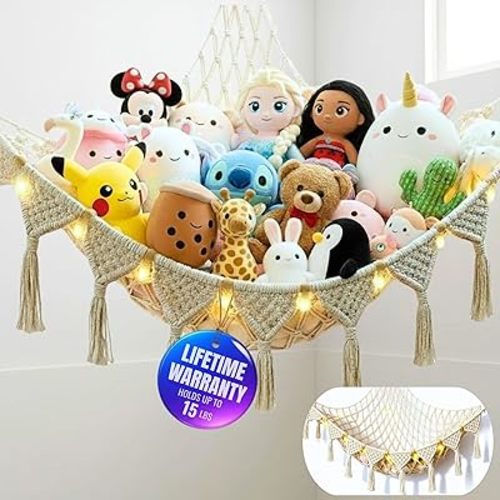 Stuffed Animal Hammock Corner | Sturdy Handcrafted Stuffed Animal Net | 4mm Double Macrame Cord Stuffed Animal Holder | Natural 100% Cotton Plushie Net | Toy Hammock w/LED Light (Ice Cream)