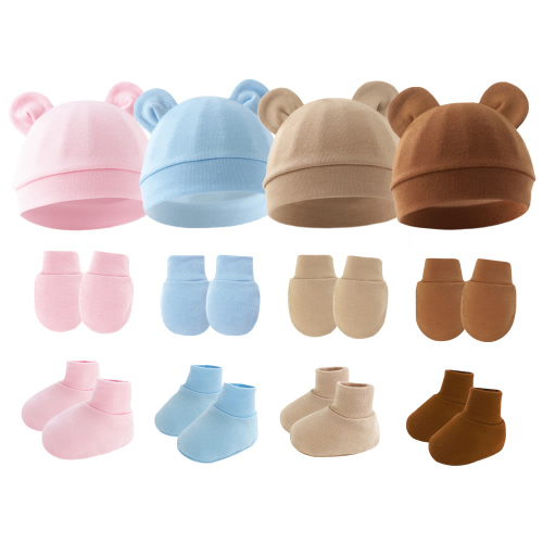 Happy Cherry Newborn Cotton Hospital Hat Baby Boy Beanie Cap Infant Bear Ears Baby Girl Hat Mitten Sock Set Preemie No Scratch Mittens 4 Pack for 0-6 Months(Khaki Caramel Pink Light Blue)