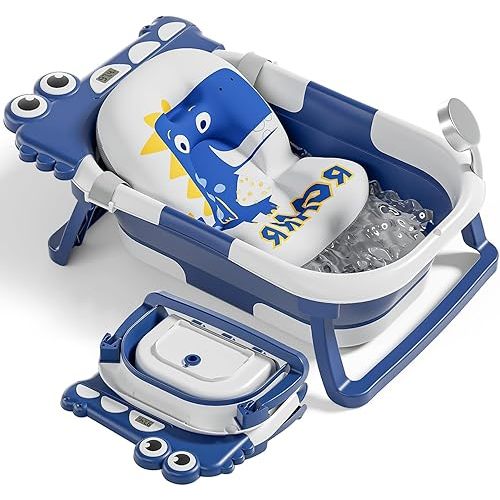 TPN Collapsible Baby Bathtub, Baby Bath Tub with Soft Cushion & Real-Time Thermometer, Baby Bathtub Infant to Toddler Tub (0-36 Months), Portable Travel Baby Tubs for Newborns (Navy Blue)