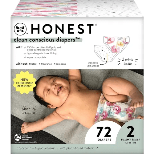 The Honest Company Clean Conscious Diapers | Plant-Based, Sustainable | Young at Heart + Rose Blossom | Club Box, Size 2 (12-18 lbs), 72 Count