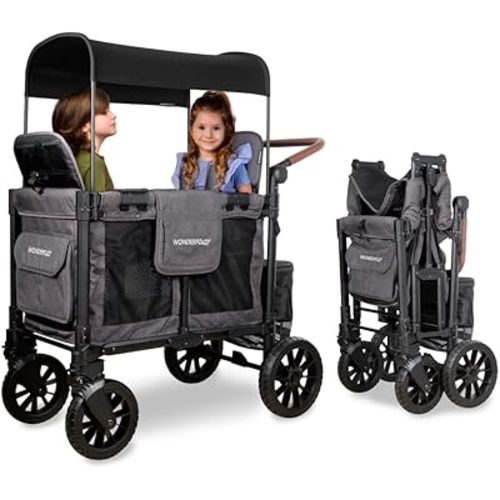 WONDERFOLD W2 Luxe Pro Stroller Wagon (2 Seater) - Collapsible Wagon Stroller with Seats Featuring 5-Point Safety Harnesses and Adjustable Sun Canopy, Charcoal Gray