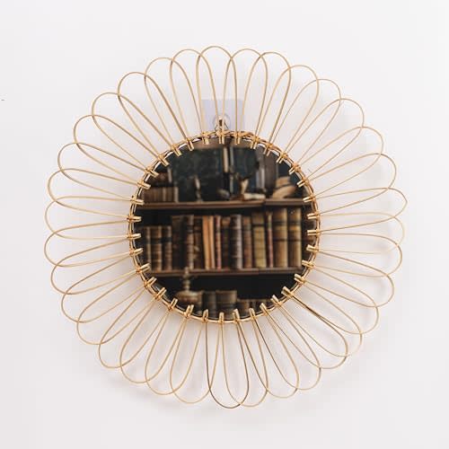 NEERGREVE Bamboo Wall Mounted Mirror | Flower Wicker Rattan Decorative Mirrors for Living Room Bedroom Nursery Room Office (17.7 Inches)