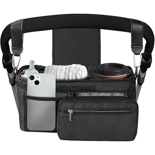 Universal Stroller Organizer with Insulated Cup Holder, Stroller Caddy with Detachable Bag & Shoulder Strap, Stroller Attachment Non-Slip Secure Hooks Accessories Fits Most Strollers