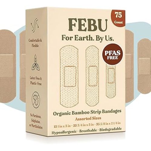 FEBU Eco-Friendly Organic Bamboo Fabric Bandages | PFAS Free Flexible Fabric Bandages | Latex Free Bandage | Natural Hypoallergenic Bandage for Scrapes, Cuts & First Aid | 75 Count Pack