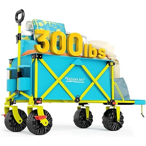 49" L Extra Long Beach Wagon with Tailgate,Big Wheels with Brake for Sand, Collapsible Utility Beach Cart Heavy Duty Folding Wagon,Ideal for Outdoor Sand Camping Garden Pet