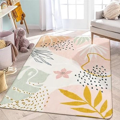 Lahome Pink Rug for Living Room - 5x7 Area Rug Washable Non-Slip Boho Rugs for Bedroom Throw Cute Soft Kids Nursery Rug, Abstract Botanical Print Carpet for Classroom Dorm Entryway Office Dining Room