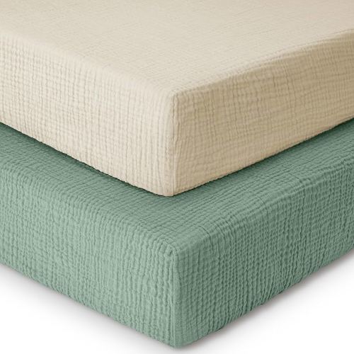 Yoofoss Muslin Crib Sheets for Boys Girls 100% Cotton Fitted Baby Crib Sheet 2 Pack Soft and Breathable for Standard Crib Mattress & Toddler Mattress 52"x28" Apricot&Green
