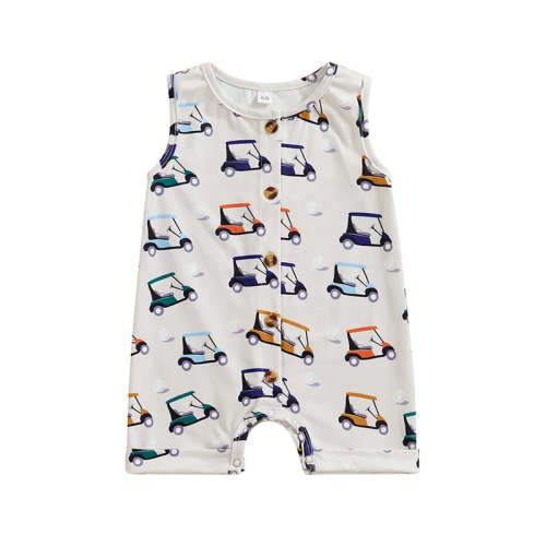 Baby Girls Boys Romper Golf Cart Print Sleeveless Button Up Crew Neck – August + Willow