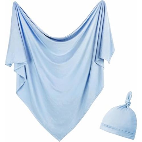 Newborn Swaddle Blanket with Hat Set Baby Swaddle Set Hospital Receiving Blankets for Girls Boys(Babyblue)