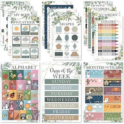 Hadley Designs 16 Educational Posters for Toddlers 1-3, Laminated Toddler Learning Posters for Preschool & Kindergarten, ABC Chart, Numbers, Colors, Shapes, Days of The Week, Greenery Classroom Decor
