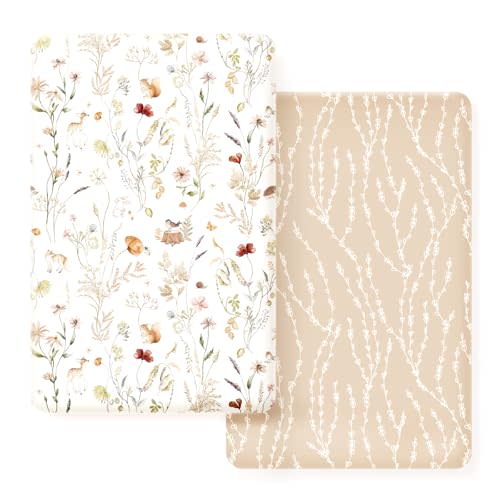 Stretchy Ultra Soft Jersey Knit Fitted Pack n Play Sheets Set 2 Pack, Portable/Mini Crib Sheets for Girls, Universal Fit for Pack N Plays Safe and Snug, Dream Print