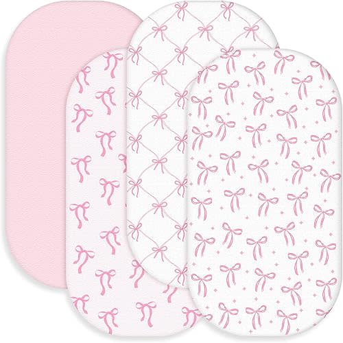 Peryiter 4 Pack Pink Bow Crib Sheets for Baby Girls Boys Coquette Bedding Set Fitted 32 x 16'' for Standard Crib Sheet Stretchable Soft for Toddler Aesthetic Nursery Decor Bassinet Mattress Gift Set