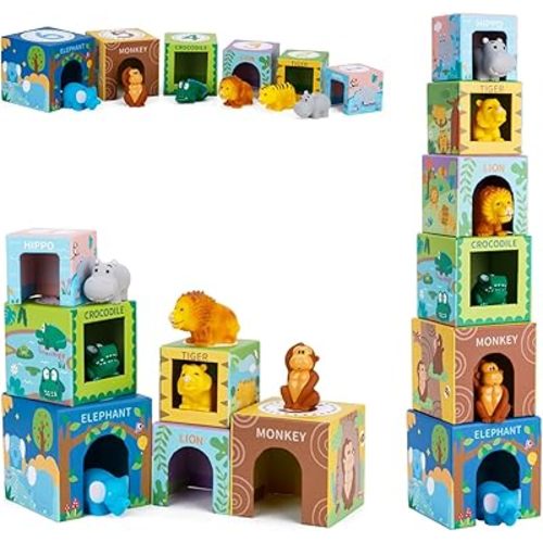 Sorting and Stacking Toys Blocks for Toddlers 1-3, Soft Safari Animal Bath Toys Age 2-4, Numbers Nesting Stackable Toys for Baby 12-18 Months, Montessori Toys Gifts for 1 2 3 Year Old Boys Girls
