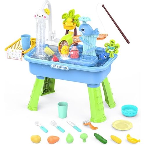 Water Table for Toddlers 1-3 with Electric Water Pump, Sand and Water Table for Kids Ages 4-6, Play Sink with Running Water, Sensory Table & Summer Water Toys (Blue)