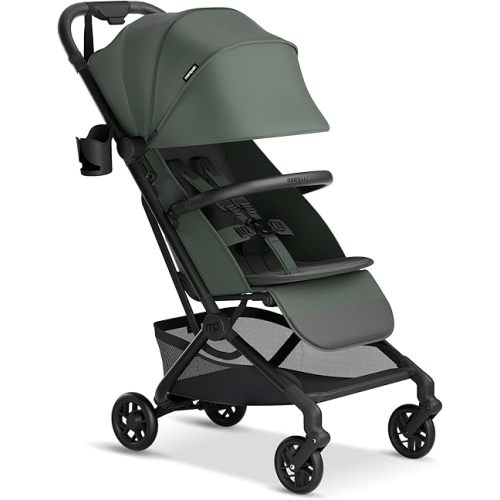 Mompush Velo Lightweight Travel Stroller – One-Hand Fold, Ultra-Compact & Airplane Friendly, Lie-Flat Recline Seat (from Birth to 50 lbs), Includes Cup Holder, Shoulder Strap, and Leather Bumper Bar