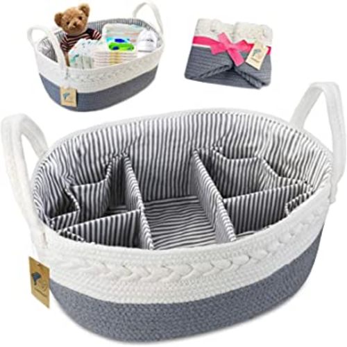 Baby Diaper Caddy Organizer - Extra Large Nappy Caddy Rope Nursery Storage Bin - Baby Basket with 8 Pockets, 5 Compartments and 2 Removable Dividers