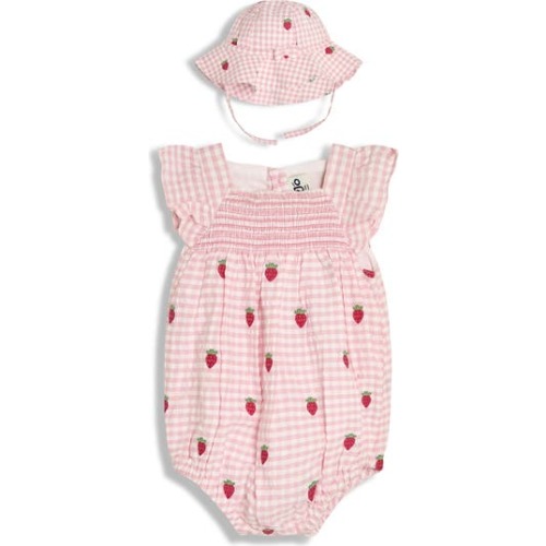 Gingham Check Strawberry Embroidered Romper & Sun Hat Set, 6-12M