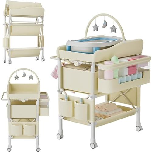 Jaylene Portable Baby Changing Table with Storage – Adjustable Height Diaper Station, Waterproof Pad, Large Capacity Organizer, Foldable Newborn Changing Table for Nursery & Bedroom (Beige)