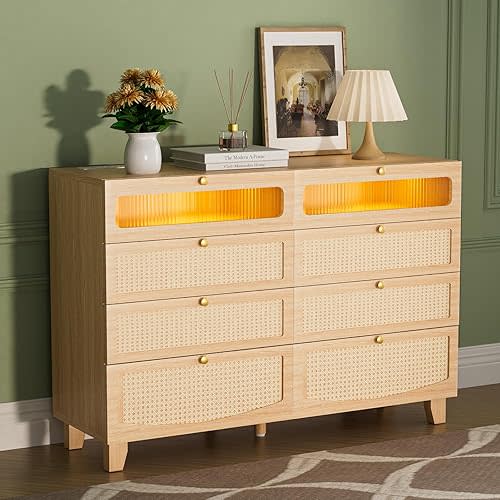 Rattan Dresser for Bedroom with 8 Drawers, Wood Dresser with Charging Station & LED Lights, Boho Dressers & Chests of Drawers for Bedroom