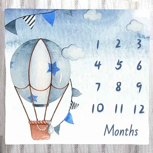Blue Baby Monthly Milestone Blanket, Cartoon Hot Air Balloon Star Newborn Photo Baby Memory Blanket Nursery Baby Swaddle Blanket, 48x40 Inches BTXTLY41