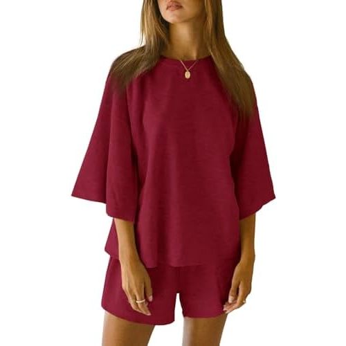 Tankaneo Womens Pajama Sets 3/4 Sleeve Oversized Tops and Elastic Waist Shorts Lounge Sets Loungewear