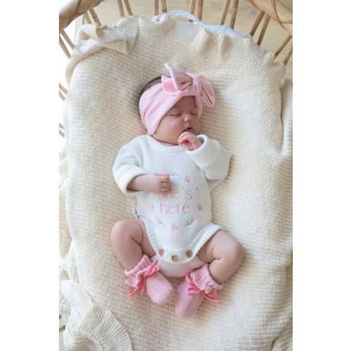 She’s Here Announcement Romper | Strawberry Sundae | Milk
