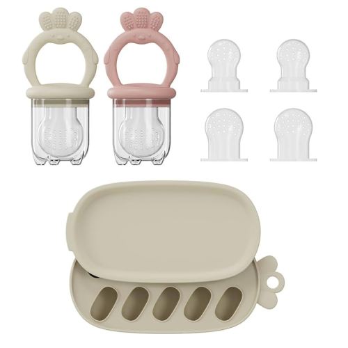 2 Pcs Baby Food Fruit Feeder with Freezer Tray Breastmilk Popsicle Molds Silicone Fruit Feeder for Self Feeding Teething Relief Toys (Pink+Yellow)