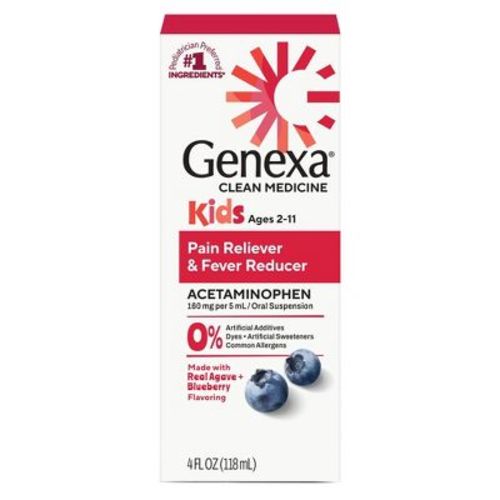 Genexa Kids' Acetaminophen Pain and Fever - Blueberry Liquid - 4 fl oz: Dye-Free, Paraben-Free, 160mg Strength, Oral Use