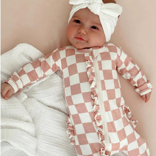 Strawberry Shortcake Checkerboard / Organic Frill Zip Footie – SpearmintLOVE