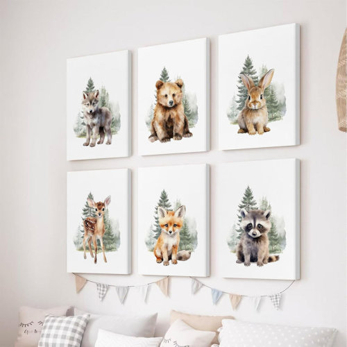 Union Rustic Woodland Animal Nursery Wall Art Decor Set Of 6 Baby Boys Room Wall Art Forest Animal Canvas Wall Decor Kids Art Prints Watercolor Bear Deer Fox Pictures Artwork For Bedroom 8X10 Inch Framed | Wayfair